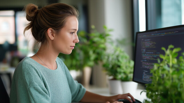 Faceless female programmer coding in a well-lit office, lines of code on a large monitor, plants and natural light in the workspace, defocused office interior and window behind, female