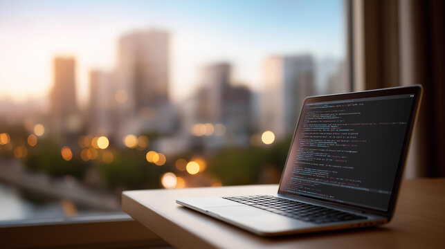 Laptop displaying detailed software code on a desk with a blurred urban cityscape background through the window, warm desk lighting, defocused city view behind, developer laptop code, urban