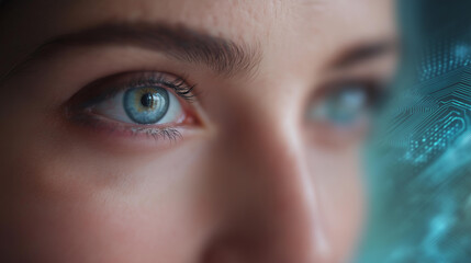 Fototapeta premium Close-up of a woman's eyes reflected in a digital abstract background of glowing electronic circuit patterns, defocused circuit textures, technology eyes concept, electronic circuits, digital