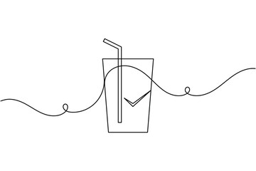 Obraz premium Save drink glass with straw checkmark sign icon continuous one line drawing on white background minimalist approved beverage tick symbol outline vector illustration