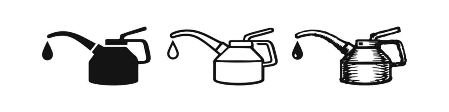 Oil Can Icon Set with Dripping Lubricant. Maintenance Tool Vector Illustration in Different Styles