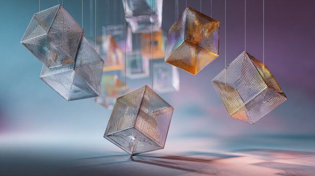 Geometric, wireframe cubes, suspended against a gradient backdrop, catching light and displaying colorful refractions