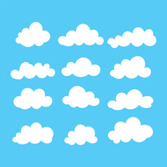 Fototapeta premium Cloud silhouette Abstract vector white collection in cute flat cartoon style for web background. Nature sky, cloud pattern, fume or misty fog art. Cloud texture and weather element symbol in eps 10.