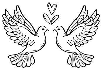 Fototapeta premium Two doves facing each other with hearts illustration, vector graphic.