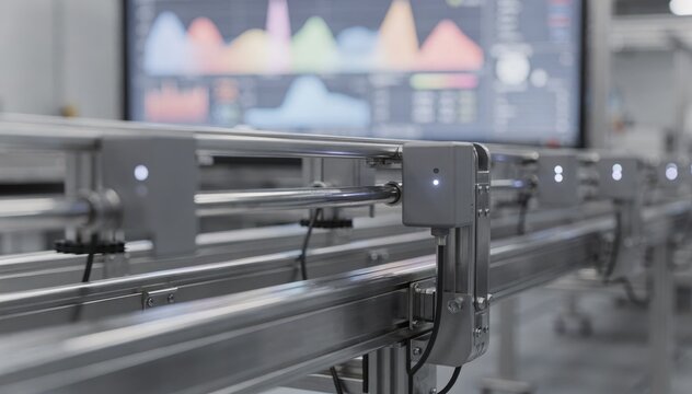 Medium shot of smart sensors on extrusion lines displaying realtime temperature and pressure data on a digital dashboard for precise process control.