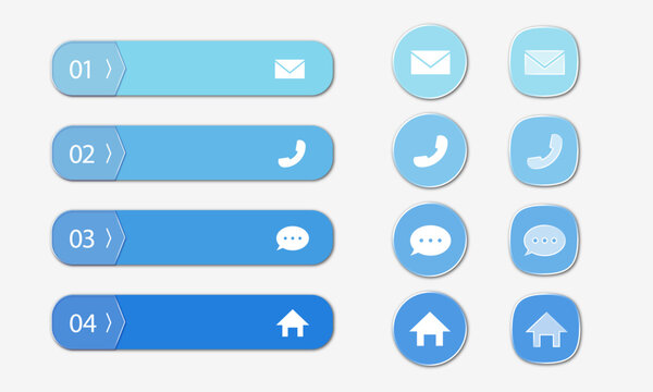 Blue gradient UI button set with mail phone chat home icons, rounded buttons and circular icon variations for contact interface