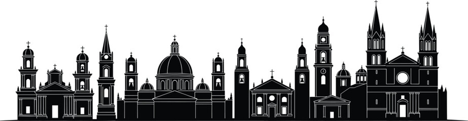 Cathedral skyline illustration featuring domes, spires, bell towers, gothic architecture, classical churches, religious monuments, heritage landmarks, cultural diversity © Razia