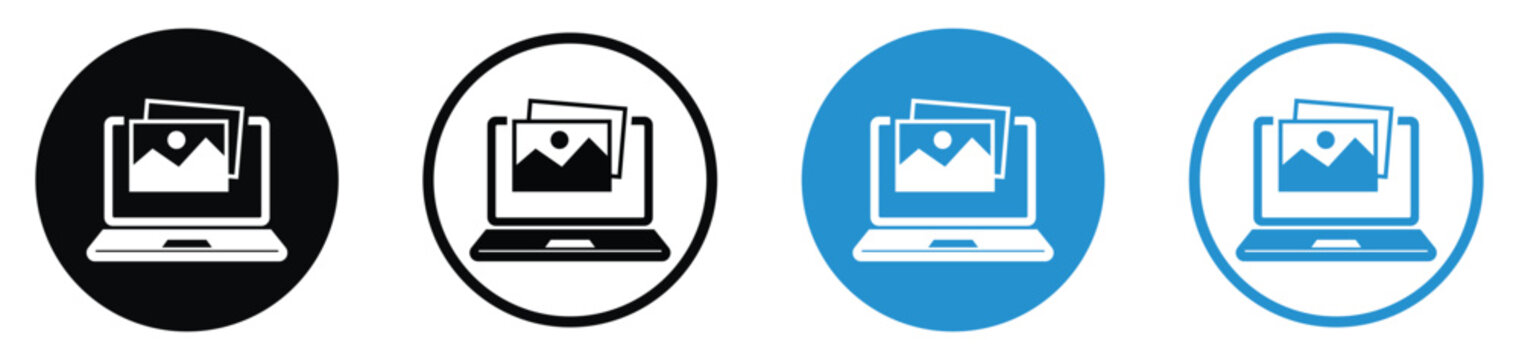 Laptop screen displaying a photo or image icon. Modern flat design showing media preview and digital gallery concepts in multiple color styles. Great for photography and web design assets.