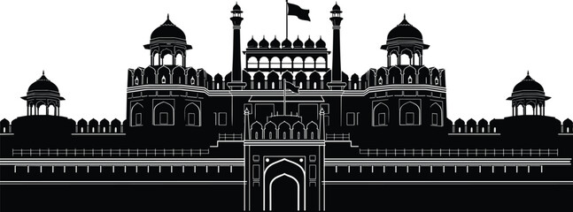 Red Fort Delhi silhouette illustration featuring Mughal architecture, domes, arches, battlements, historic monument, cultural heritage, national pride, India © Razia