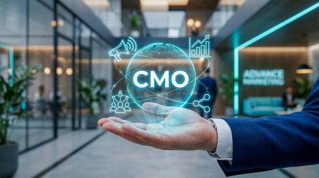 Executive holding holographic CMO orb in modern office, chief marketing officer digital leadership, Social Media, marketing innovation concept