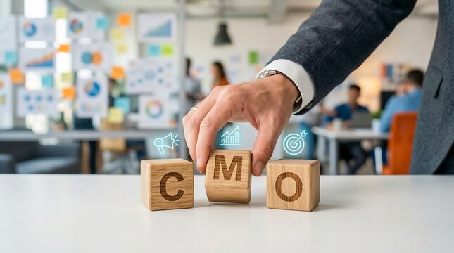 Business hand stacking wooden CMO blocks on office desk, chief marketing officer concept, marketing leadership and strategy