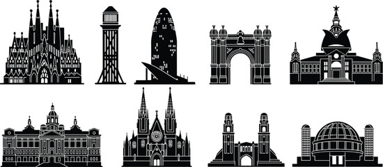 Obraz premium Global architectural landmark silhouette illustration, Sagrada Família, Torre Glòries, Arc de Triomf, Gothic cathedral, neoclassical dome, cultural heritage design artwork