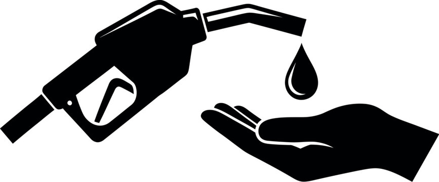 Black silhouette of a gas pump nozzle pouring oil into a hand