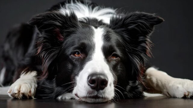Close up portrait of a beautiful black and white border collie dog lying on the floor in a professional studio setting