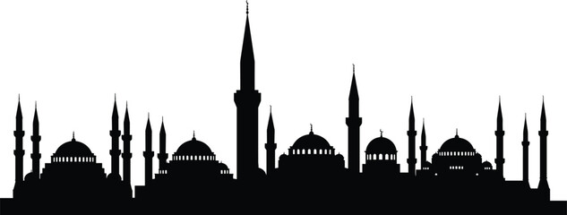 Islamic mosque skyline silhouette illustration, domes and minarets, crescent moon finials, Ottoman Byzantine architecture, cultural heritage landmark, historic cityscape artwork © Razia