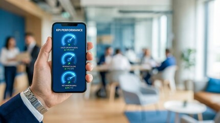 Fototapeta premium Business professional showing digital analytics KPI dashboard on smartphone in modern open office, data visualization, business intelligence, team collaboration background