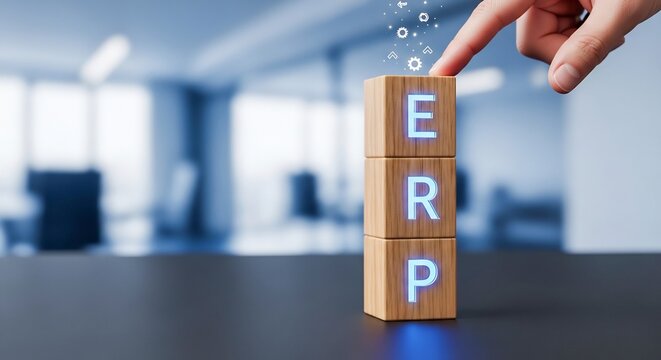 Business hand stacking wooden ERP blocks with digital holographic effects in modern office, enterprise resource planning system, business process integration, ERP implementation concept