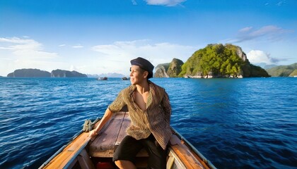A person in a wooden boat, observing the horizon, surrounded by islands on a sunny day