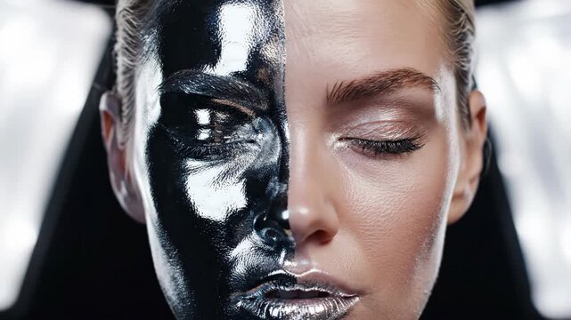 Womans face transforms from half black to liquid silver coating. Artistic beauty metamorphosis with metallic shine and dual tone effect.
