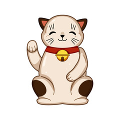 Naklejka premium Lucky cat, a traditional charm, sitting with one paw raised, bringing good luck, prosperity, and a welcoming gesture, often symbolizing success and happiness