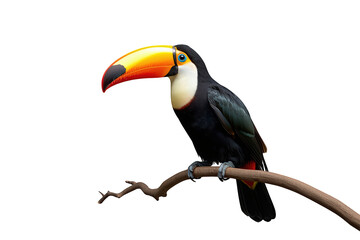 Toco toucan bird perching on a branch, showcasing bright colorful bill, tropical wildlife, transparent background