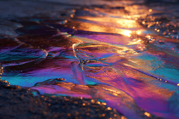 Fototapeta premium Vibrant Iridescent Oil Slick on Wet Asphalt Surface with Shimmering Golden Hour Sunset Reflections Macro View