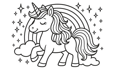 Fototapeta premium A pink unicorn illustration with a rainbow and stars in the background