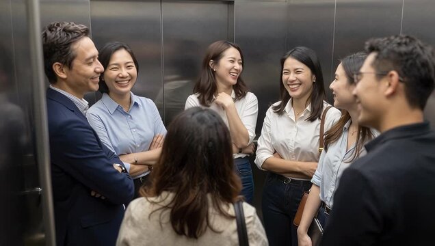 Group of Professionals Engaged in Conversation in Elevator