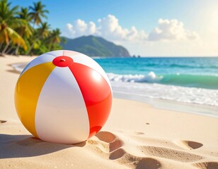 Obraz premium Summer vacation, holiday, travel, tourism, beach , leisure time concept. A serene beach setting with a large, striped beach ball placed on the sand. Space for text.