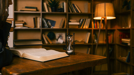 Cozy reading nook with an open book, hourglass, and bookshelves filled with literature © shine.graphics
