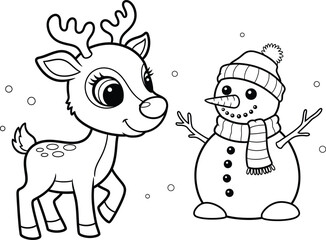 Naklejka premium Reindeer and snowman winter friends coloring page