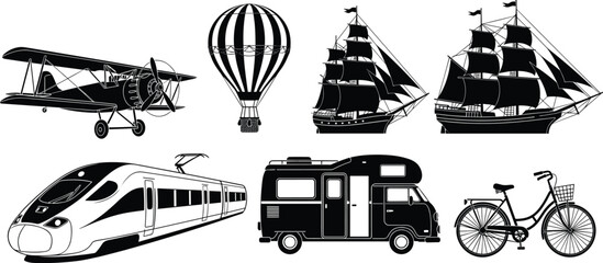 Transportation silhouettes, vintage biplane, hot air balloon, sailing ships, high speed train, camper van, bicycle basket, travel modes, black illustration, flavector © MdMasud