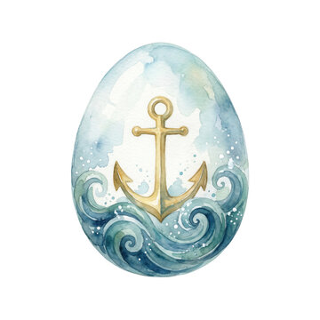 Watercolor Easter Egg with Anchor and Sea Waves Design