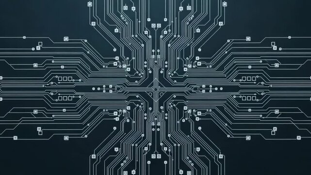 A video showcasing a futuristic circuit board design with intricate patterns and lines on a dark background