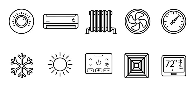 Collection of black line art icons representing heating, ventilation, and air conditioning systems, including a thermostat, radiator, fan, and climate control symbols for temperature regulation