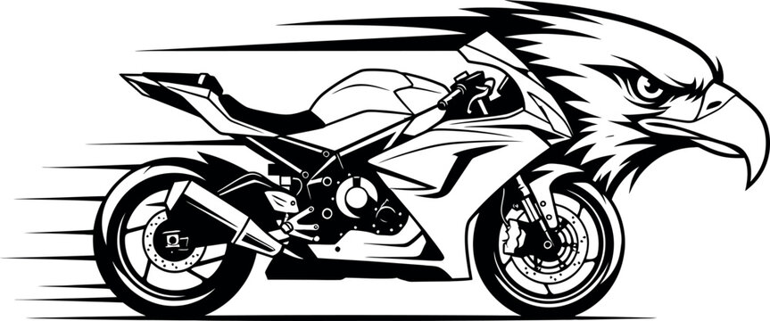 Black and white illustration of motorcycle with eagle head
