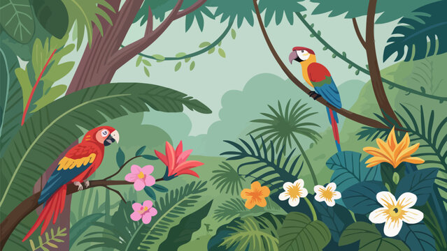 Vibrant jungle scene with two colorful parrots perched on branches surrounded by lush greenery and exotic flowers in a tropical