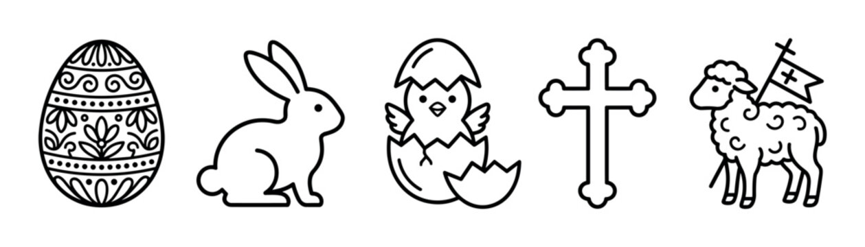Set of black and white Easter line art icons showing a patterned egg, a bunny rabbit, a hatching chick, a religious cross, and a lamb holding a flag with a cross symbol