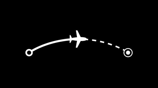 An airplane follows a curved dashed path toward its destination in this minimalist graphic representing flight tracking and air travel progress now