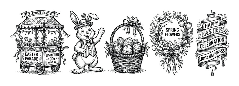 Hand-drawn vintage Easter illustrations set featuring a waving bunny, parade float, egg basket, floral wreath, and festive banners in a retro black and white engraving style
