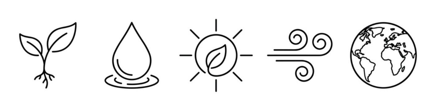 Set of five black line art icons representing natural elements for ecology concepts, including a plant sprout, water drop, sun with a leaf, wind symbol, and planet earth