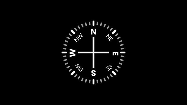 A classic white compass rose is displayed against a black background showing the cardinal directions of North South East and West for navigation