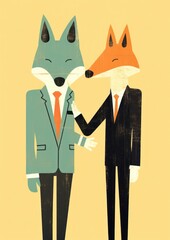Fototapeta premium 2 business fox in suit shaking hand together art representation togetherness.