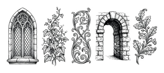 Obraz premium Set of hand-drawn medieval architectural elements including a gothic window, stone arch, ivy vine, and floral scrollwork in a detailed black and white engraving style