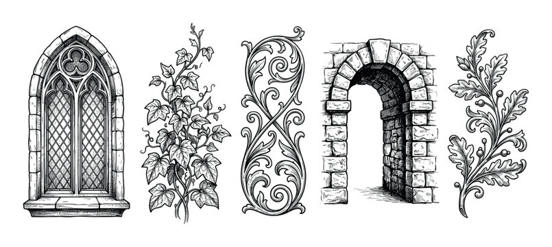 Set of hand-drawn medieval architectural elements including a gothic window, stone arch, ivy vine, and floral scrollwork in a detailed black and white engraving style