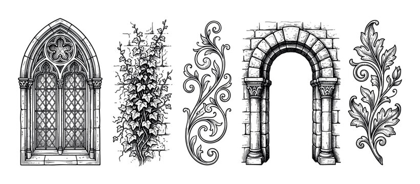 Five hand-drawn architectural design elements featuring a gothic window, stone archway, climbing ivy, and ornate floral scrolls in a classic black ink engraving illustration style
