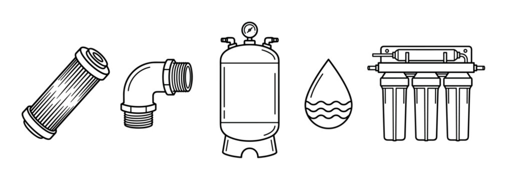 Water filtration system icon set featuring a filter cartridge, pipe fitting, pressure tank, water drop, and reverse osmosis unit in a clean black and white line art style