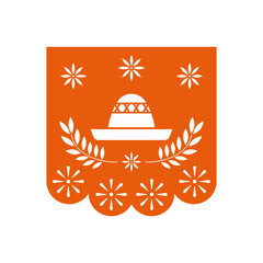 Fototapeta na wymiar Papel picado banner cut out from orange paper, featuring a traditional sombrero and decorative floral elements, representing mexican culture and celebration design