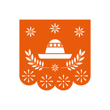Papel picado banner cut out from orange paper, featuring a traditional sombrero and decorative floral elements, representing mexican culture and celebration design