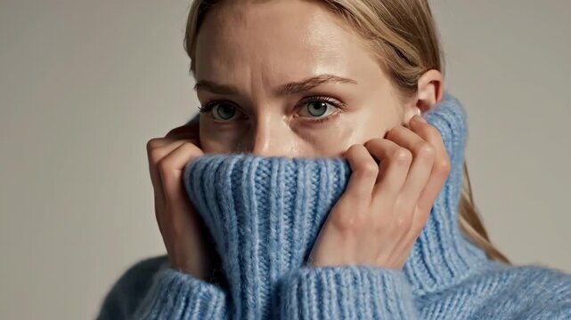 Woman pulling sweater over her face in sequence. Blonde model covering eyes with knit collar step by step. Playful fashion pose hiding expression for emotional concept.